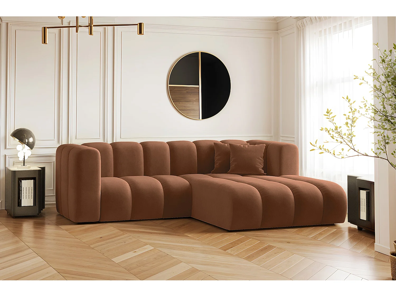 Canapé d'angle en L, Sofa Grand modulable en tissu Salvador Brown Right