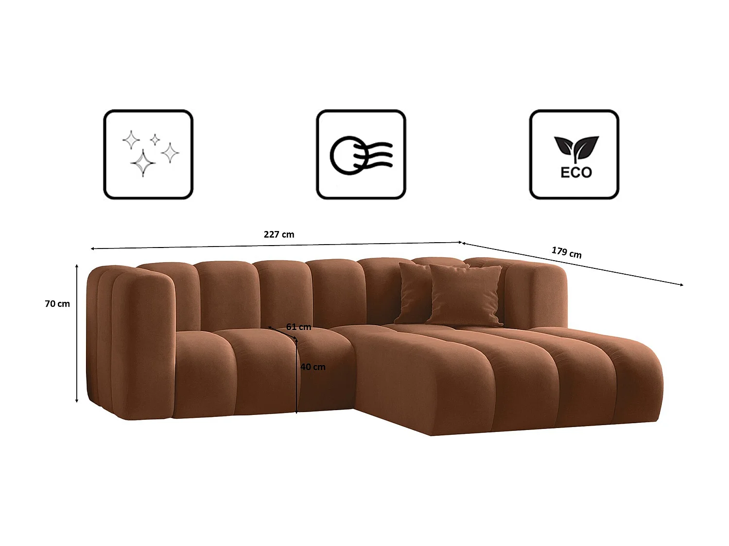 Canapé d'angle en L, Sofa Grand modulable en tissu Salvador Brown Right
