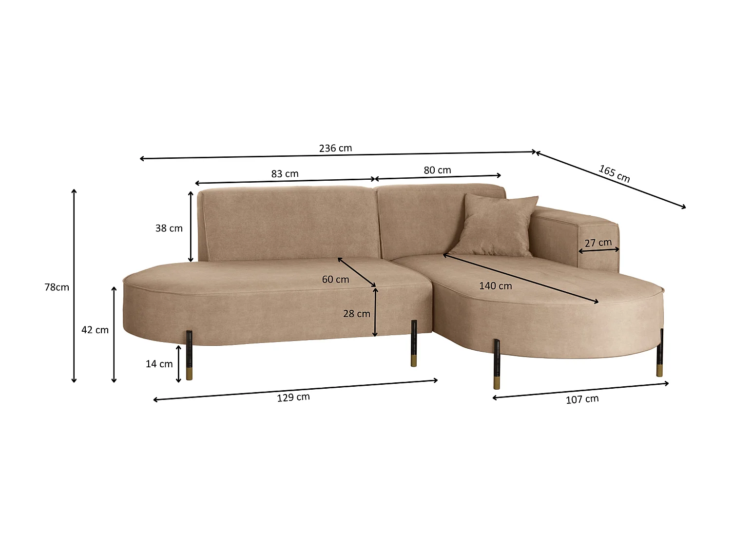 Canapé d'angle, canapé en L, designer Modena, tissu pur Noel, beige froid, droite