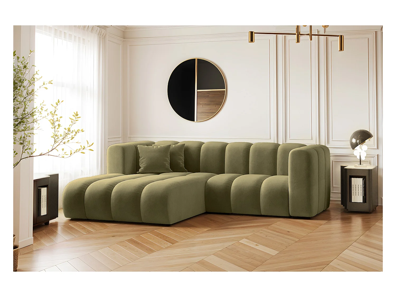Canapé d'angle en L, Sofa Grand modulable en tissu Salvador Olive Gauche
