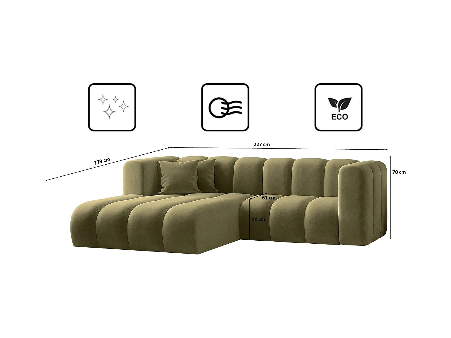 Canapé d'angle en L, Sofa Grand modulable en tissu Salvador Olive Gauche