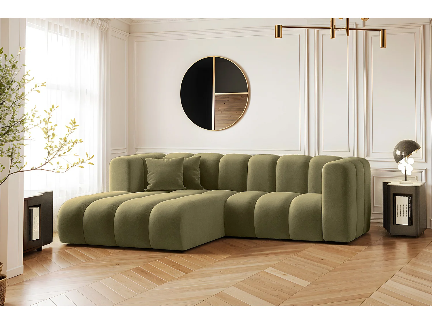 Canapé d'angle en L, Sofa Grand modulable en tissu Salvador Olive Gauche