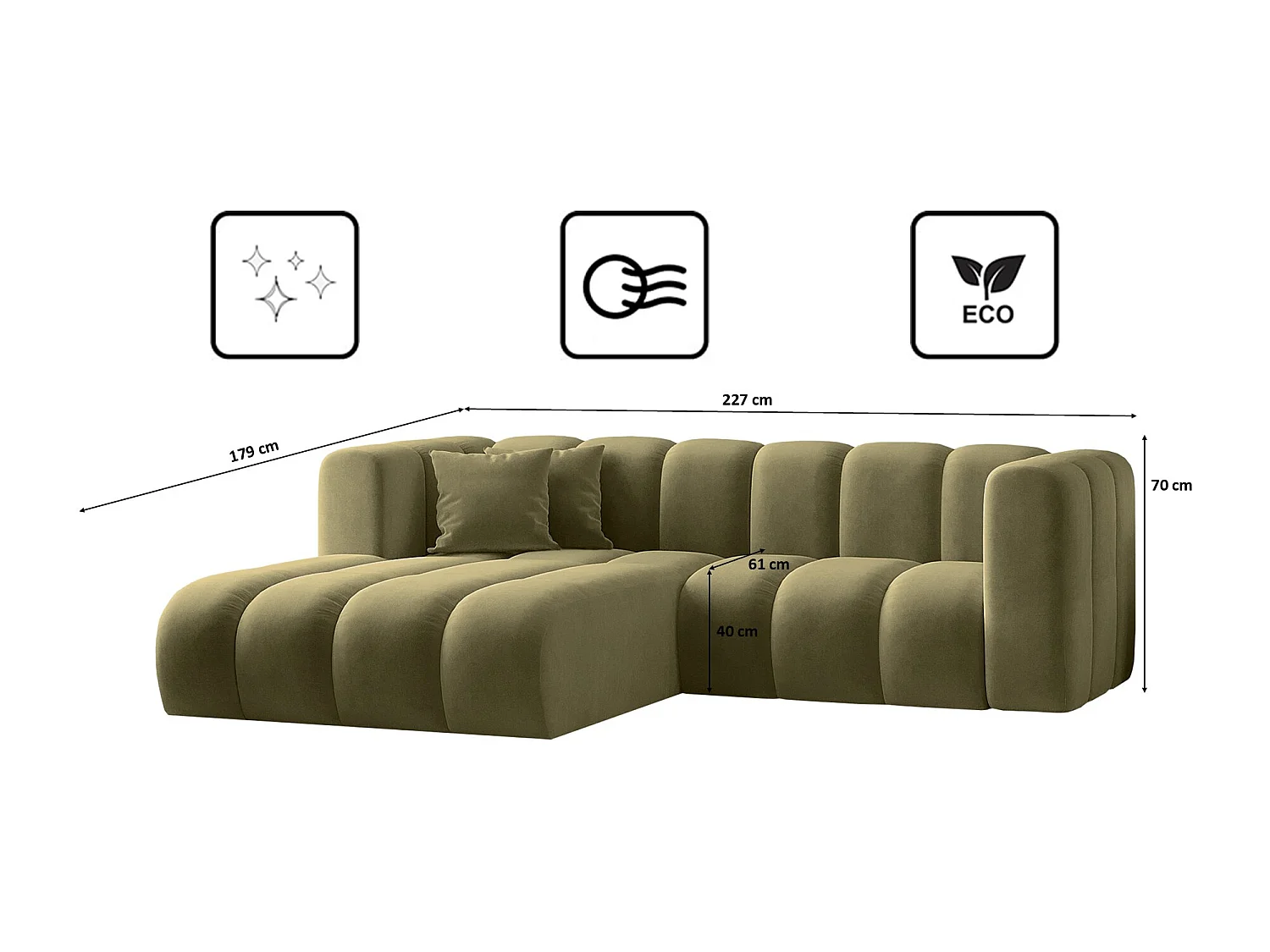Canapé d'angle en L, Sofa Grand modulable en tissu Salvador Olive Gauche