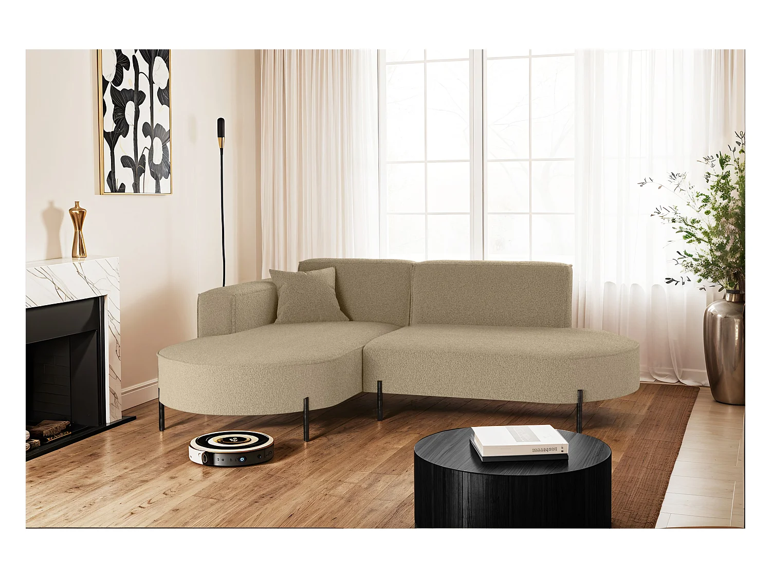 Canapé d'angle, canapé en L, designer Modena, tissu pur, source marron clair, gauche