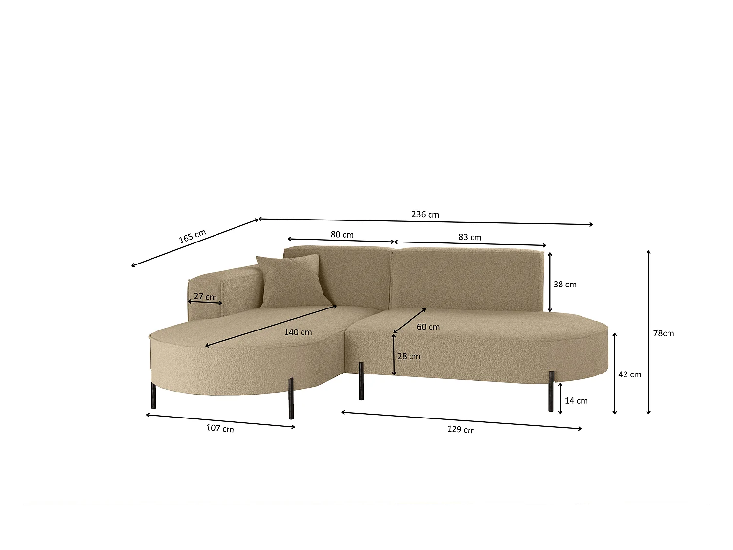 Canapé d'angle, canapé en L, designer Modena, tissu pur, source marron clair, gauche