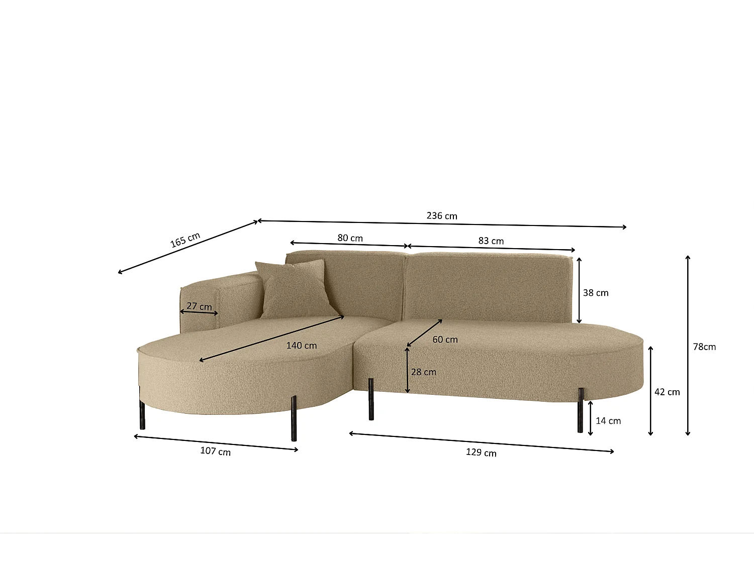 Ecksofa, Sofa L-Form Designer Modena Rein stoff Quelle Hellbraun Links