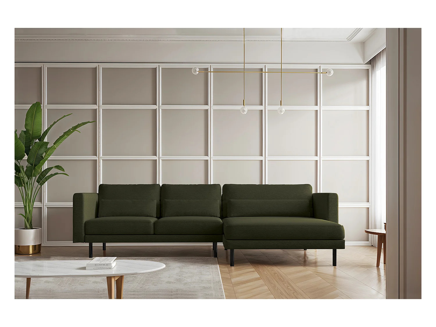 Canapé d'angle en L Dani moderne et spacieux tissu Verita vert foncé droite