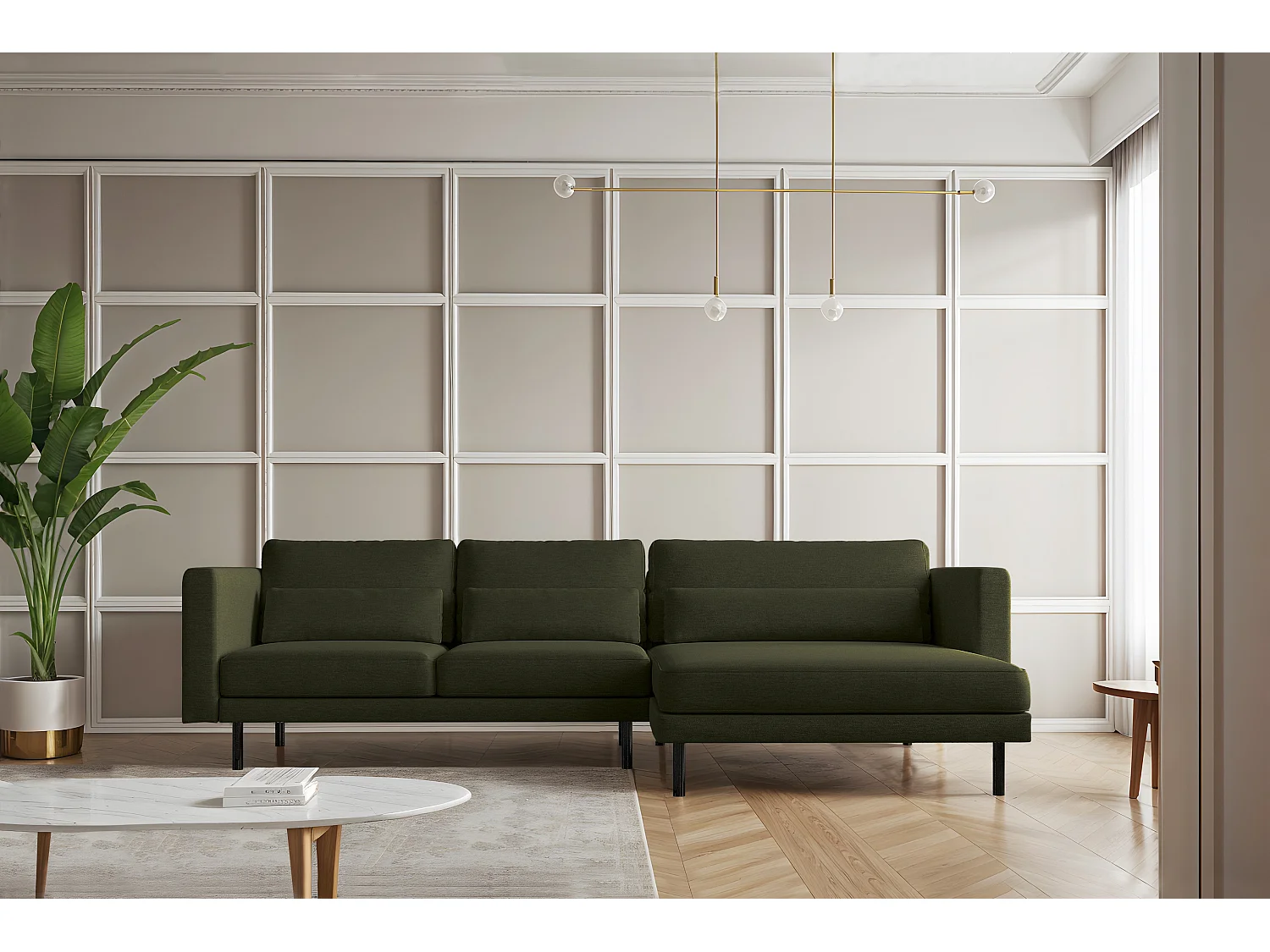 Canapé d'angle en L Dani moderne et spacieux tissu Verita vert foncé droite