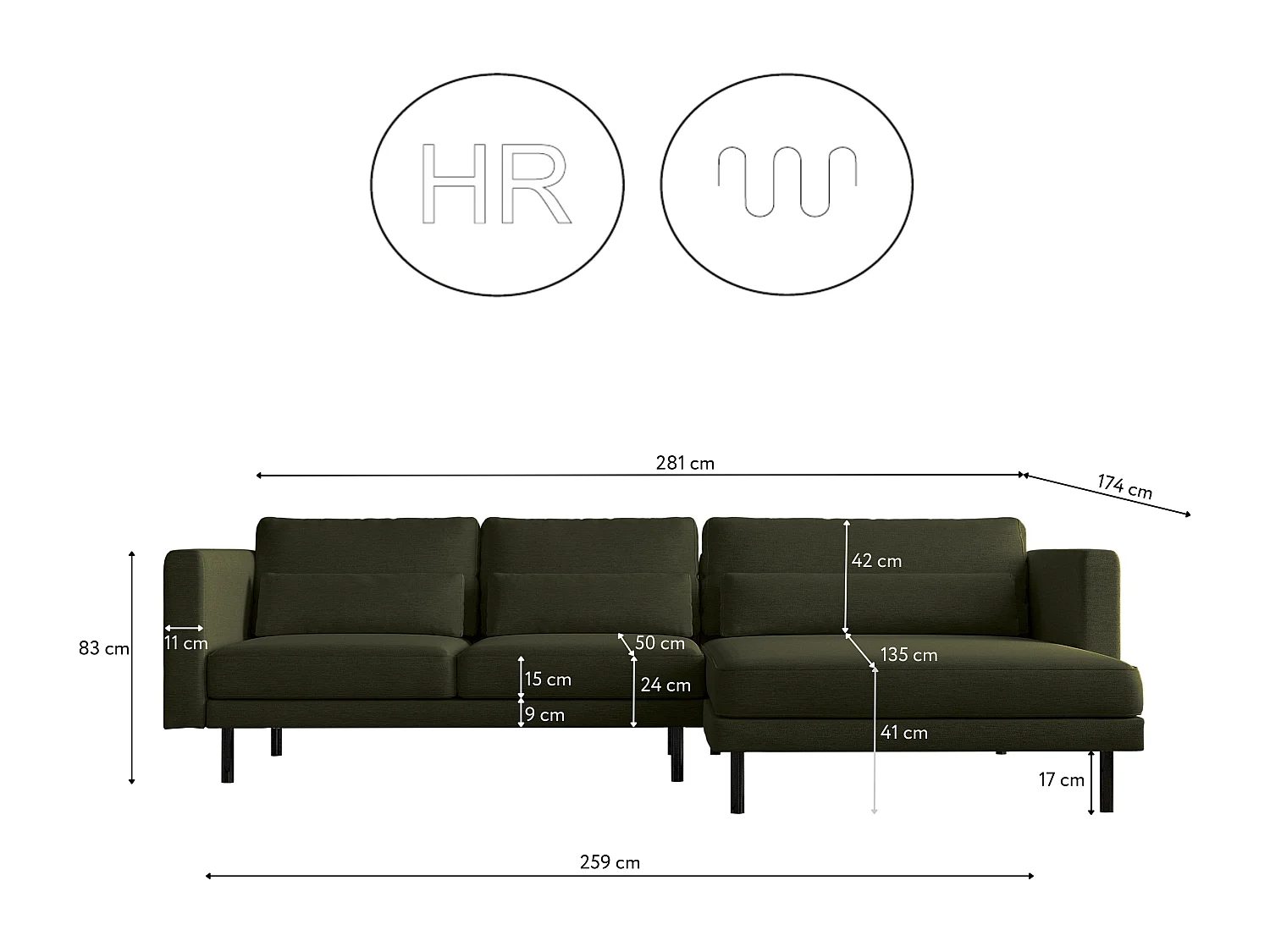 Canapé d'angle en L Dani moderne et spacieux tissu Verita vert foncé droite