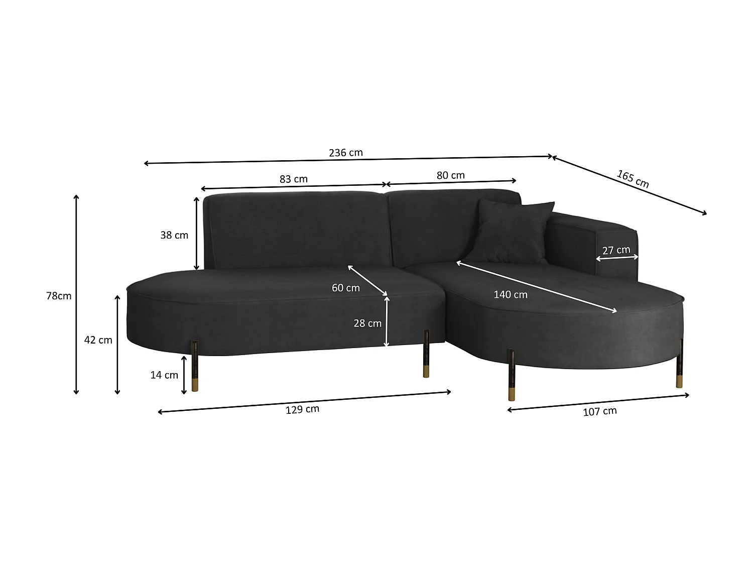 Canapé d'angle, canapé en L, designer Modena, tissu pur Noel Graphite, droite
