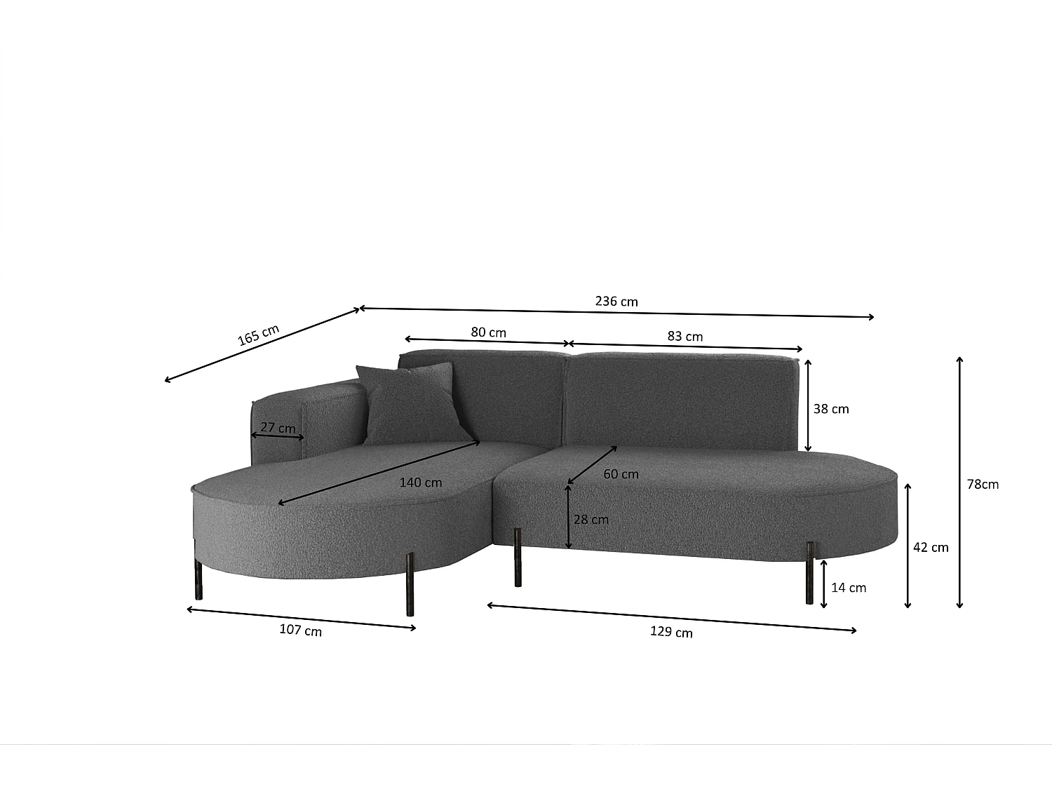 Ecksofa, Sofa L-Form Designer Modena Rein stoff Quelle Graphit Links