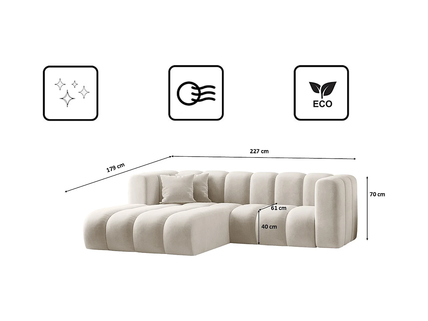 Canapé d'angle en L, Sofa Grand modulable tissu Salvador Gris Clair Gauche