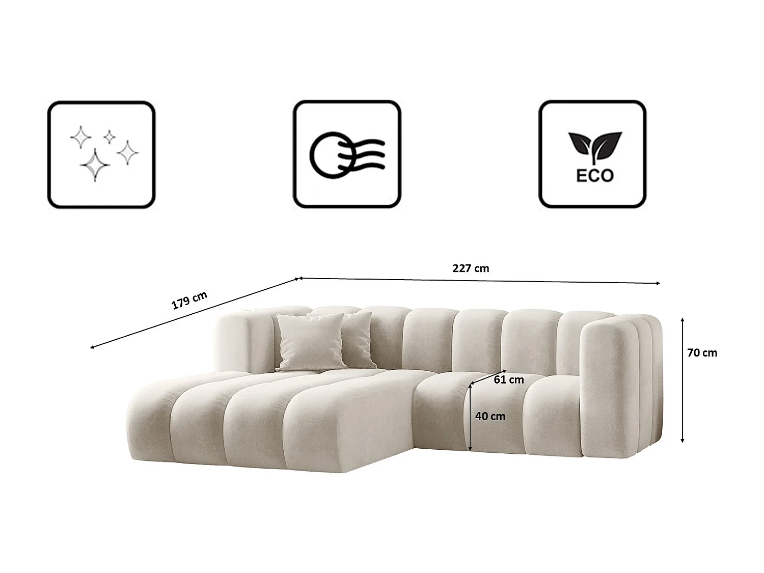 Canapé d'angle en L, Sofa Grand modulable tissu Salvador Gris Clair Gauche