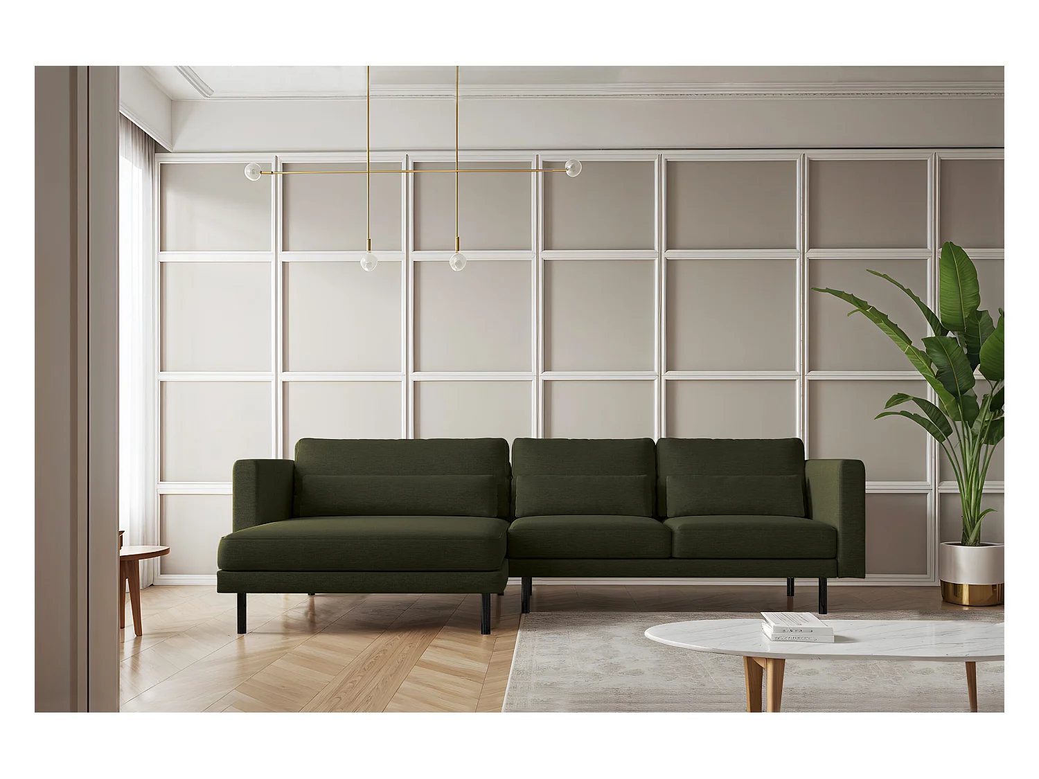 Canapé d'angle L-form Dani moderne et spacieux tissu Verita vert foncé gauche