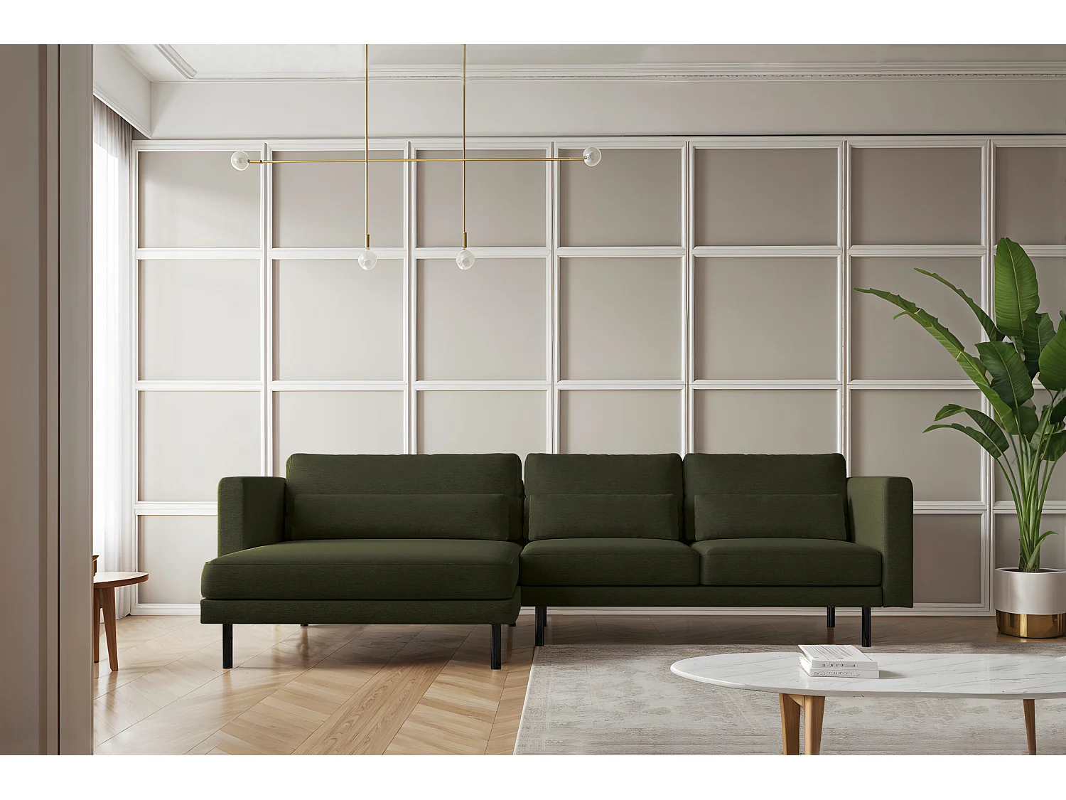 Canapé d'angle L-form Dani moderne et spacieux tissu Verita vert foncé gauche