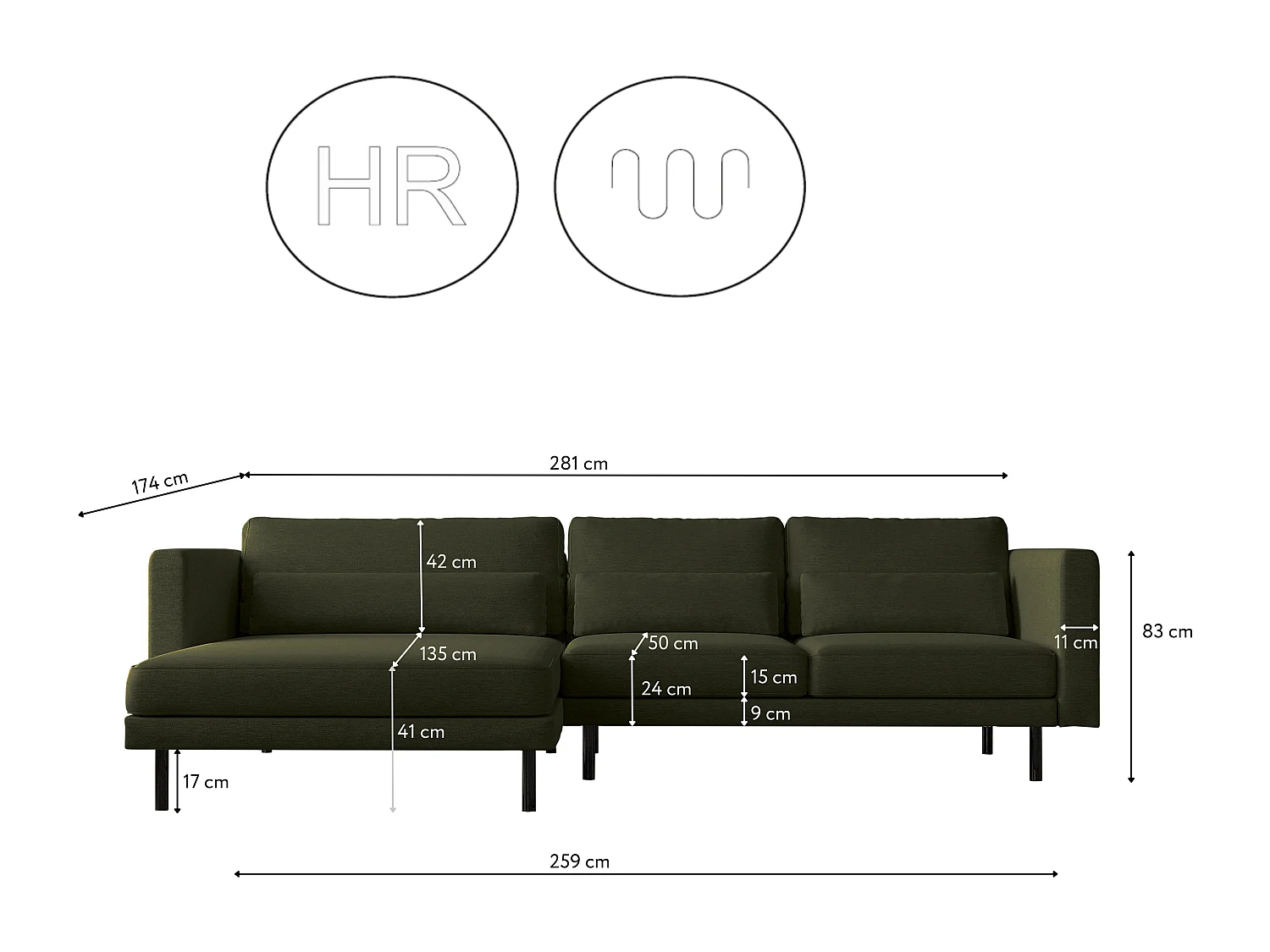 Canapé d'angle L-form Dani moderne et spacieux tissu Verita vert foncé gauche