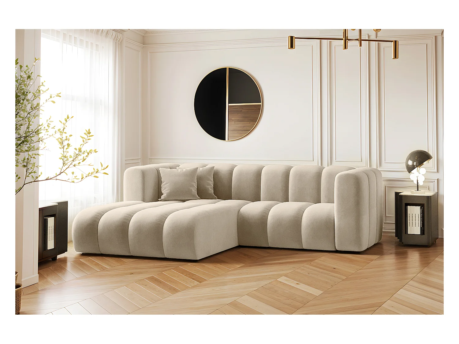 Canapé d'angle en L, Sofa Grand modulable tissu Salvador Beige Gauche