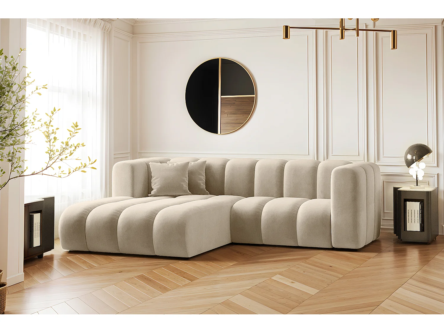 Canapé d'angle en L, Sofa Grand modulable tissu Salvador Beige Gauche