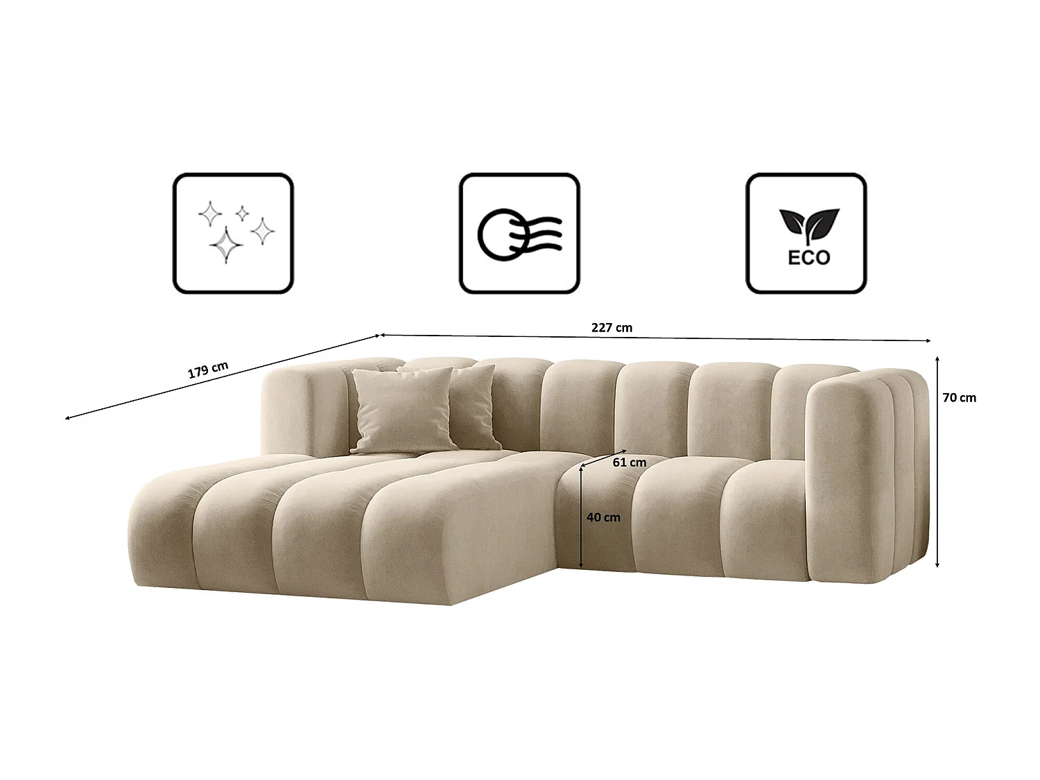Canapé d'angle en L, Sofa Grand modulable tissu Salvador Beige Gauche