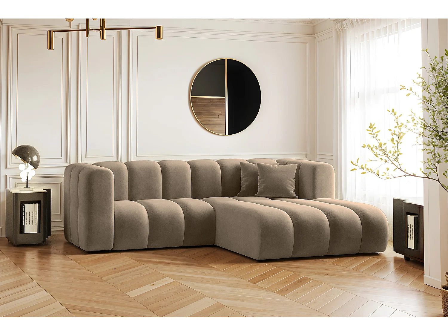 Canapé d'angle en L, Sofa Grand modulable tissu Salvador Beige Foncé Droit