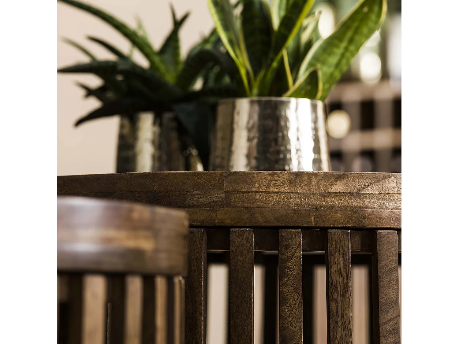 Ensemble de tables basses Tweak - Ø65/Ø50 - Bois de manguier massif - Couleur sable - Style industriel