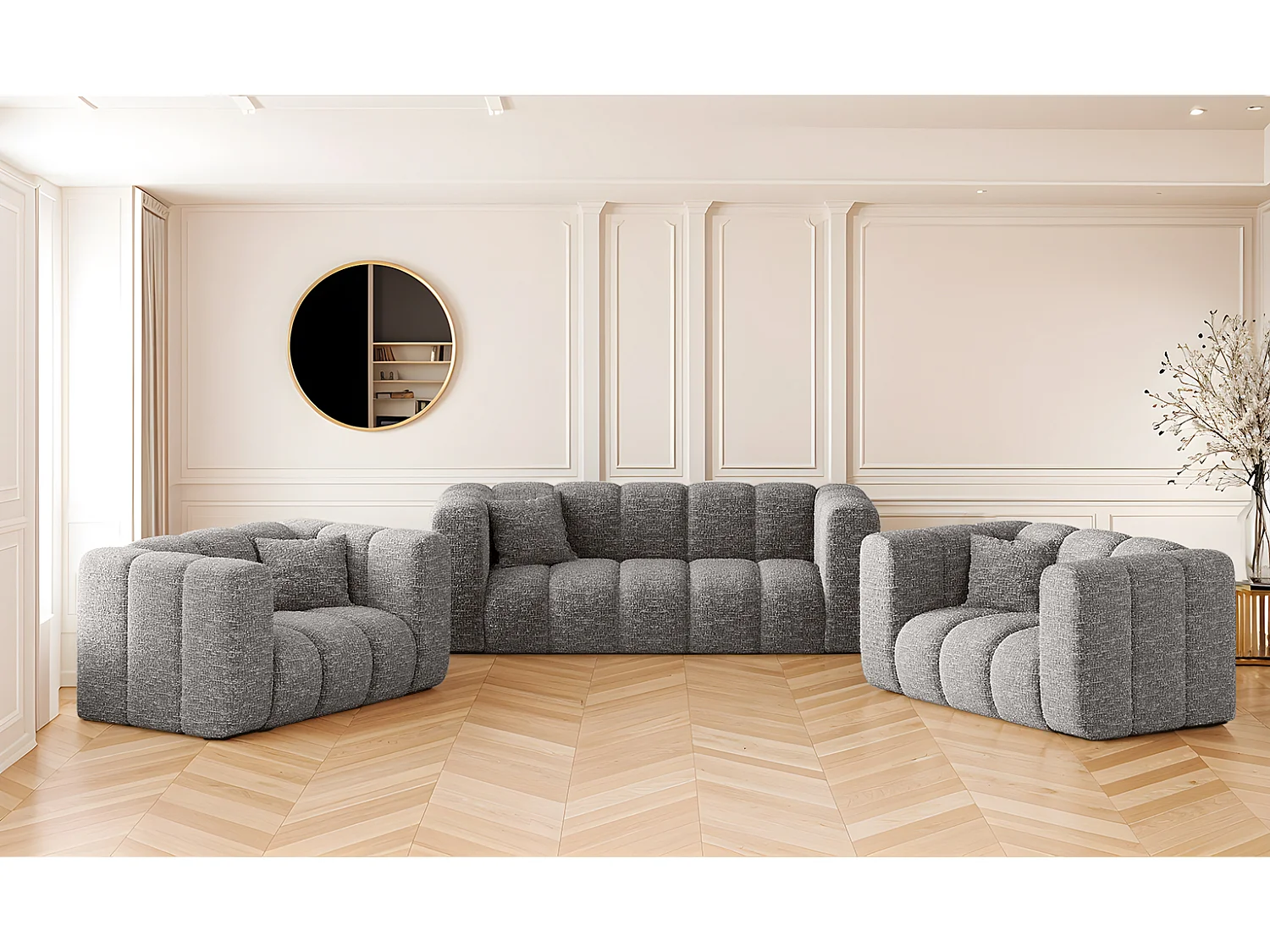 Sofagarnitur 2+1+1 Couchgarnitur serie Grand stilvol, Stoff Haga Grau