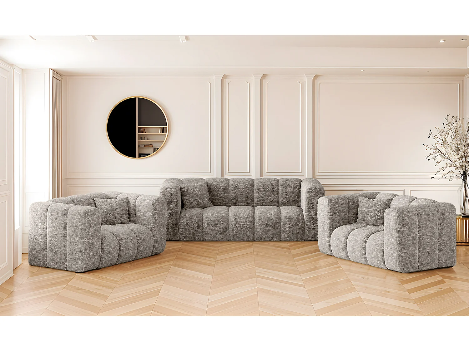Sofagarnitur 2+1+1 Couchgarnitur serie Grand stilvol, Stoff Haga Hellgrau