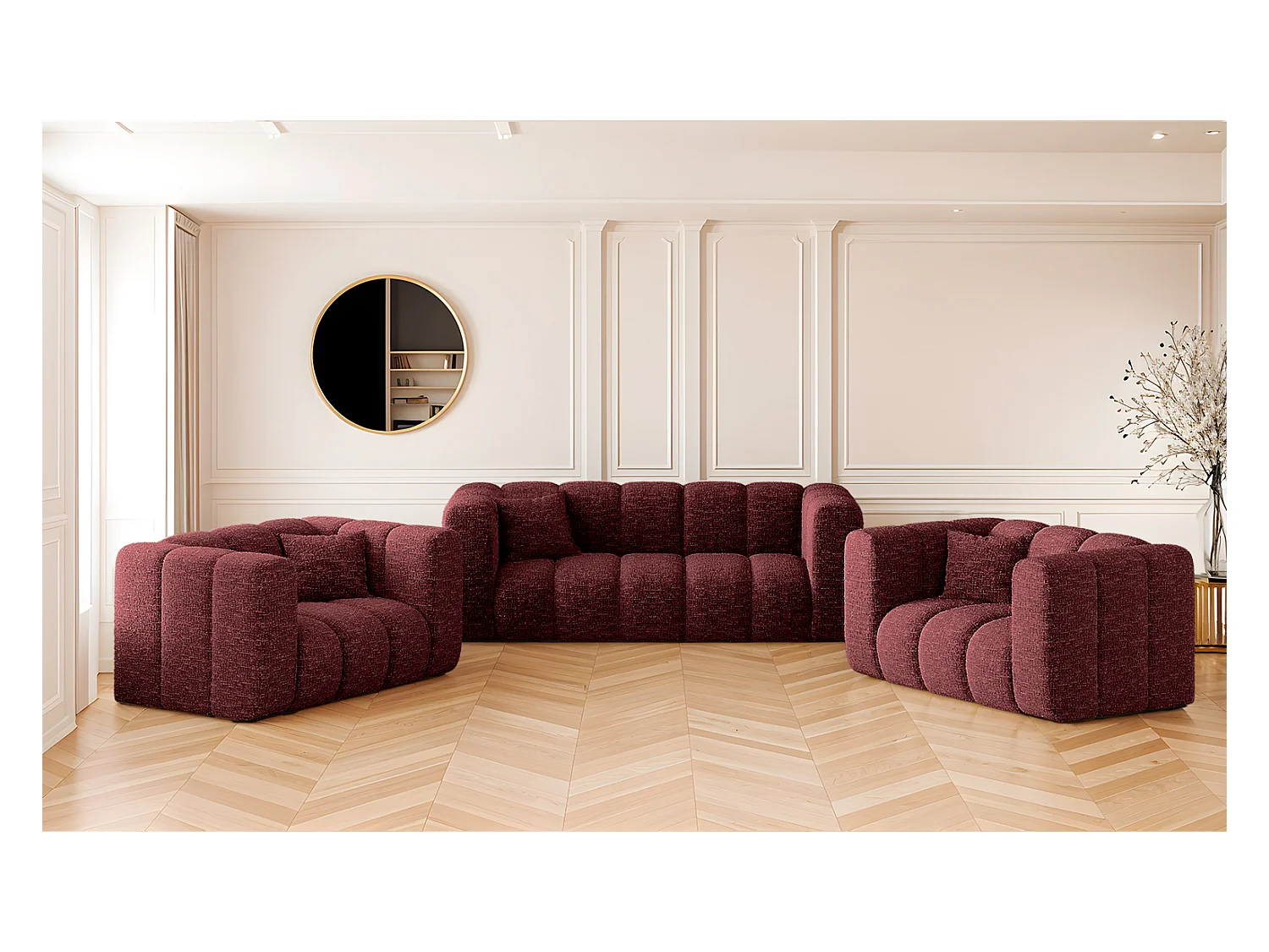 Sofagarnitur 2+1+1 Couchgarnitur serie Grand stilvol, Stoff Haga Rotwein