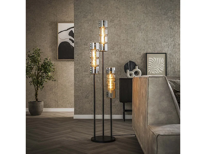 Vloerlamp 3L Getrapt Cylinder Glas - Artic Zwart
