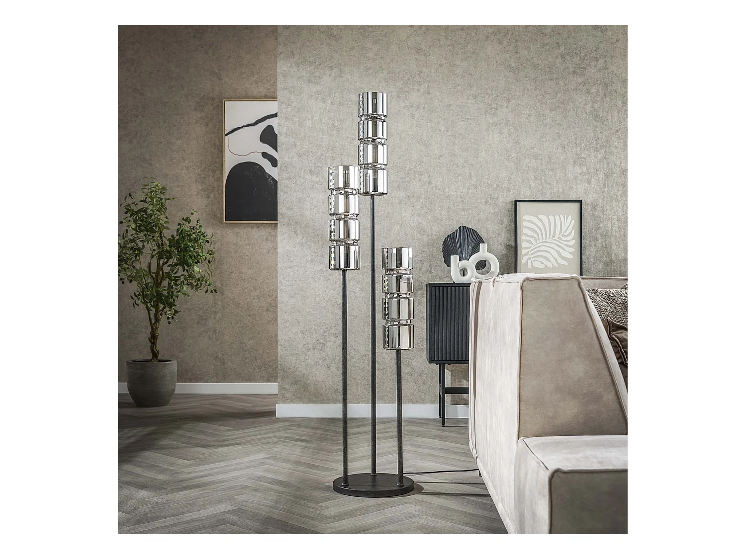 Vloerlamp 3L Getrapt Cylinder Glas - Artic Zwart