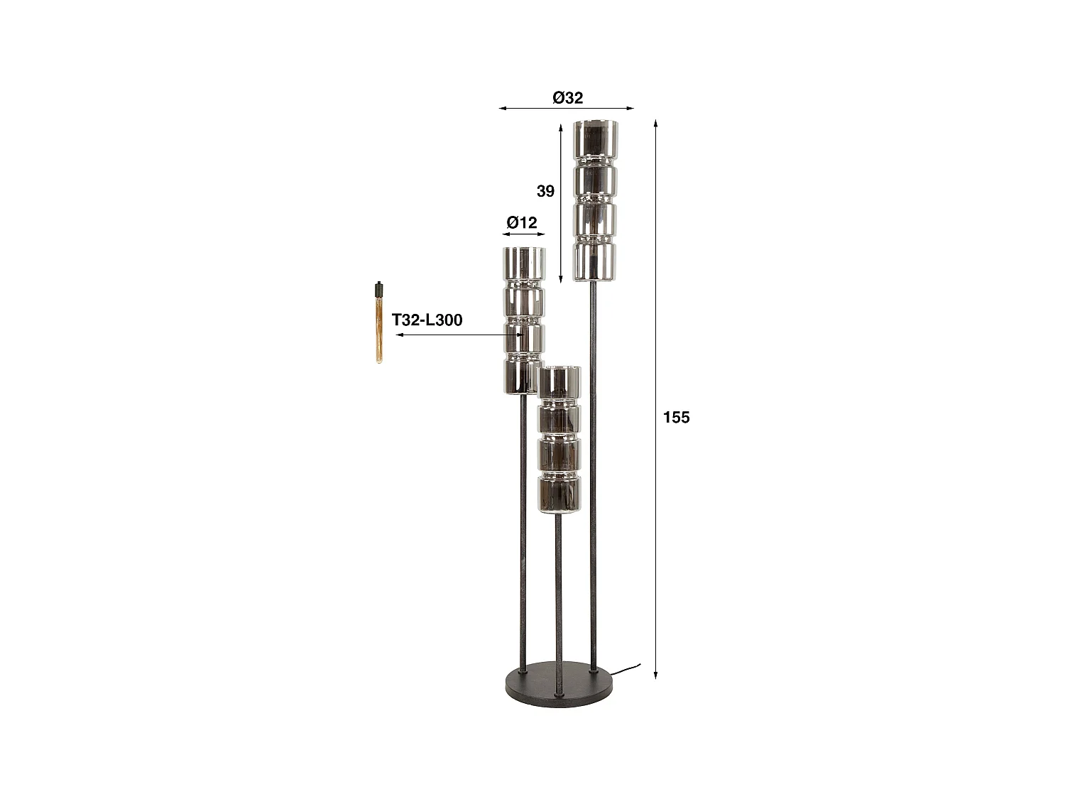 Vloerlamp 3L Getrapt Cylinder Glas - Artic Zwart