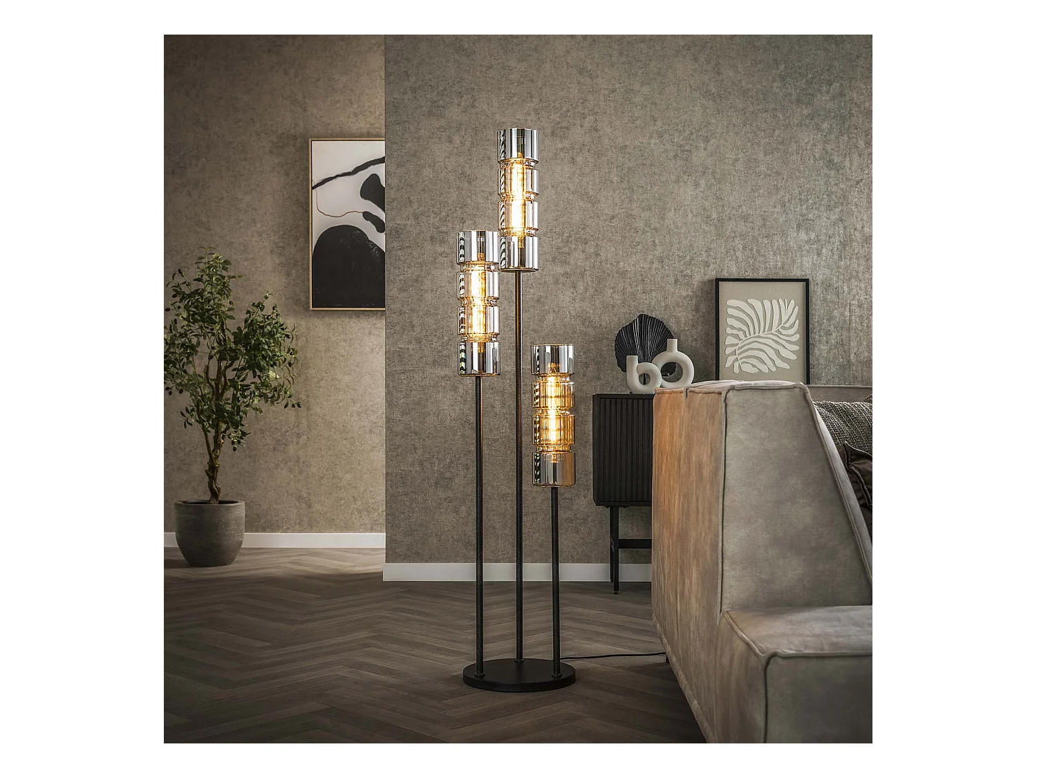 Lampadaire 3L Cylindre à gradins Verre - Noir Arctique