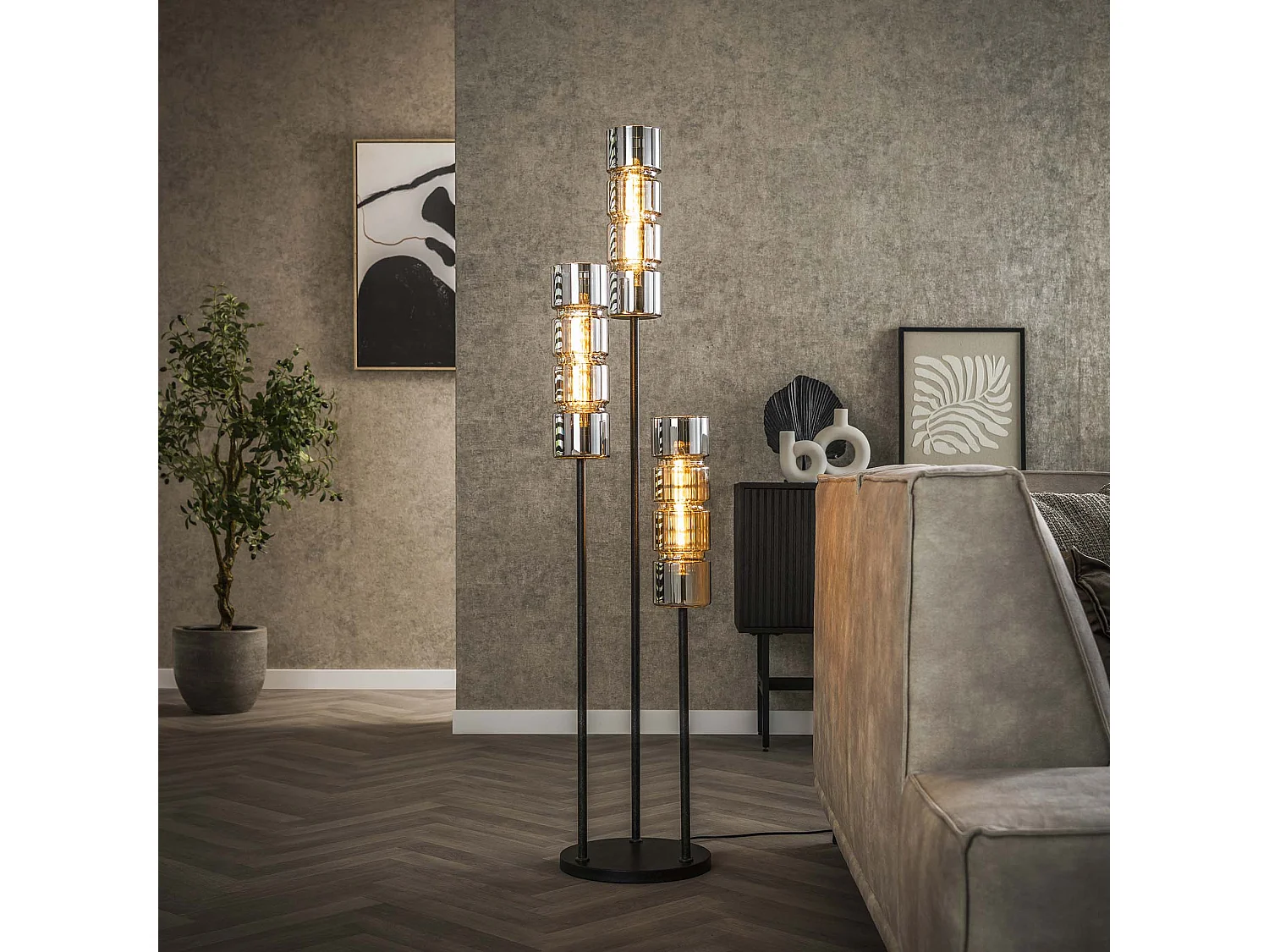 Lampadaire 3L Cylindre à gradins Verre - Noir Arctique