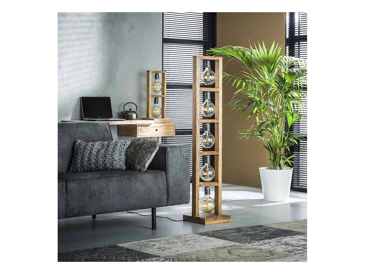 Lampadaire industriel - 5 lampes - Modulo - Structure en bois