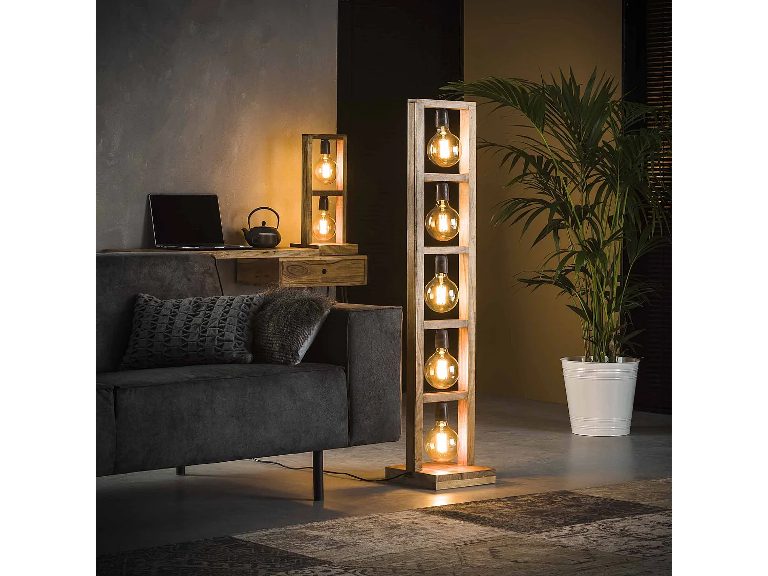 Lampadaire industriel - 5 lampes - Modulo - Structure en bois