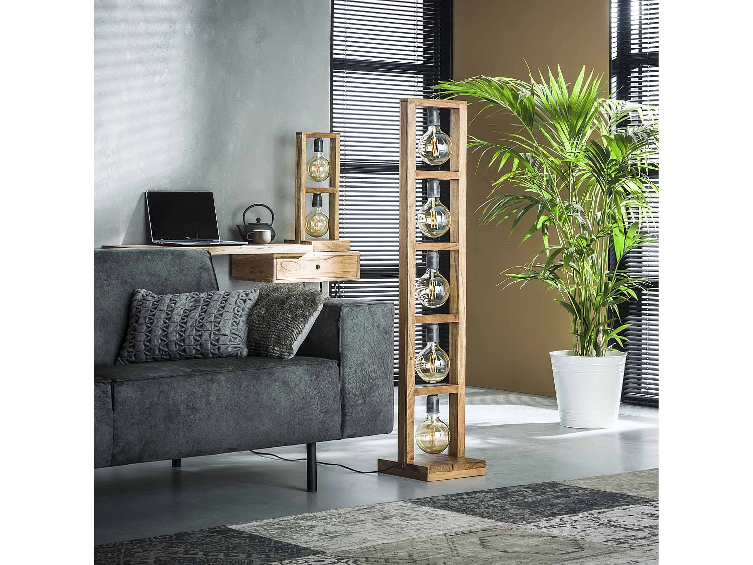 Lampadaire industriel - 5 lampes - Modulo - Structure en bois