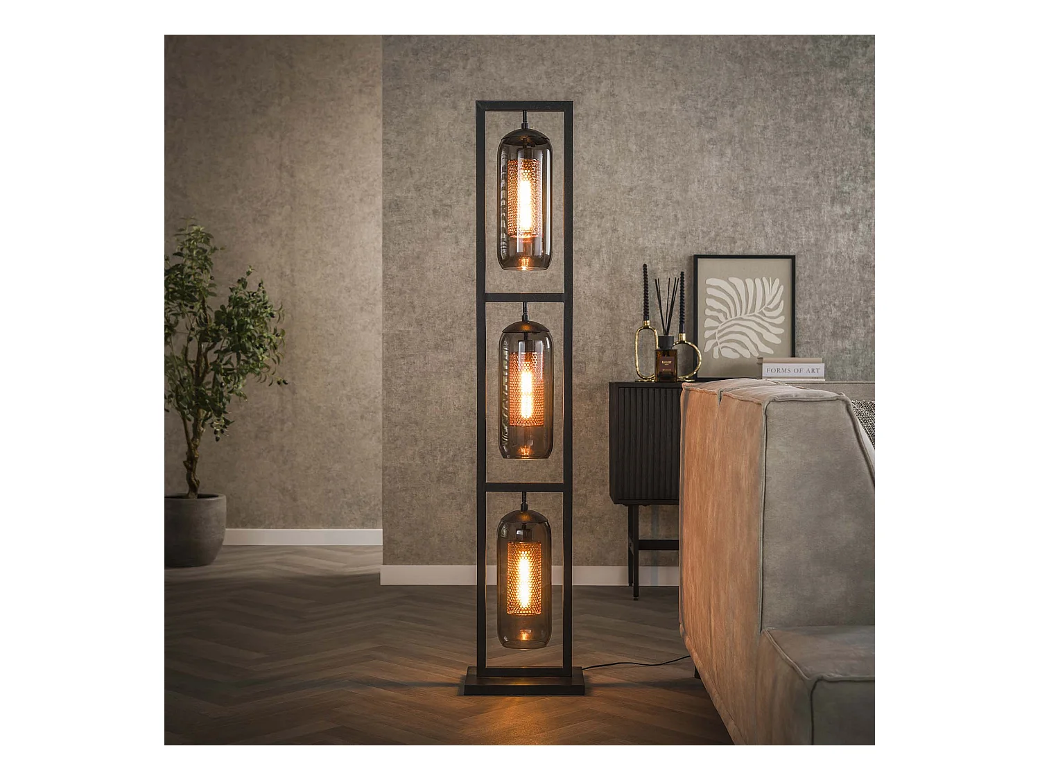 Lampadaire Tower 3L - Verre fumé - Noir arctique