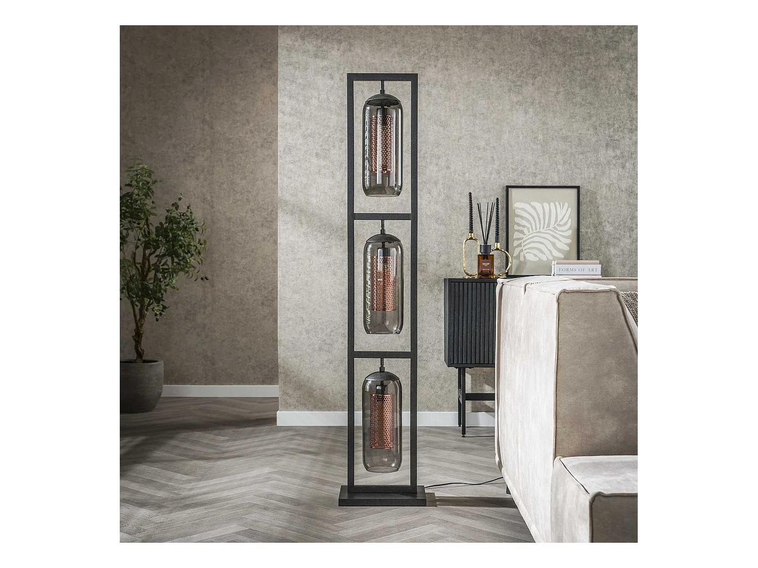 Lampadaire Tower 3L - Verre fumé - Noir arctique