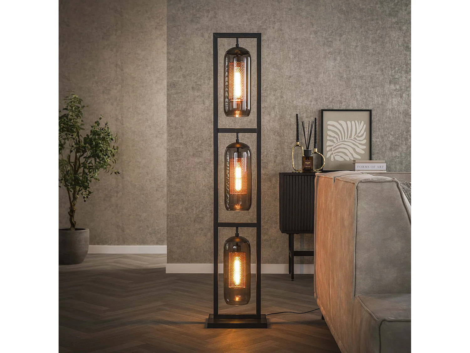 Lampadaire Tower 3L - Verre fumé - Noir arctique