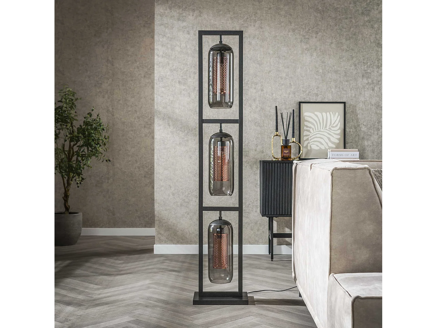 Lampadaire Tower 3L - Verre fumé - Noir arctique