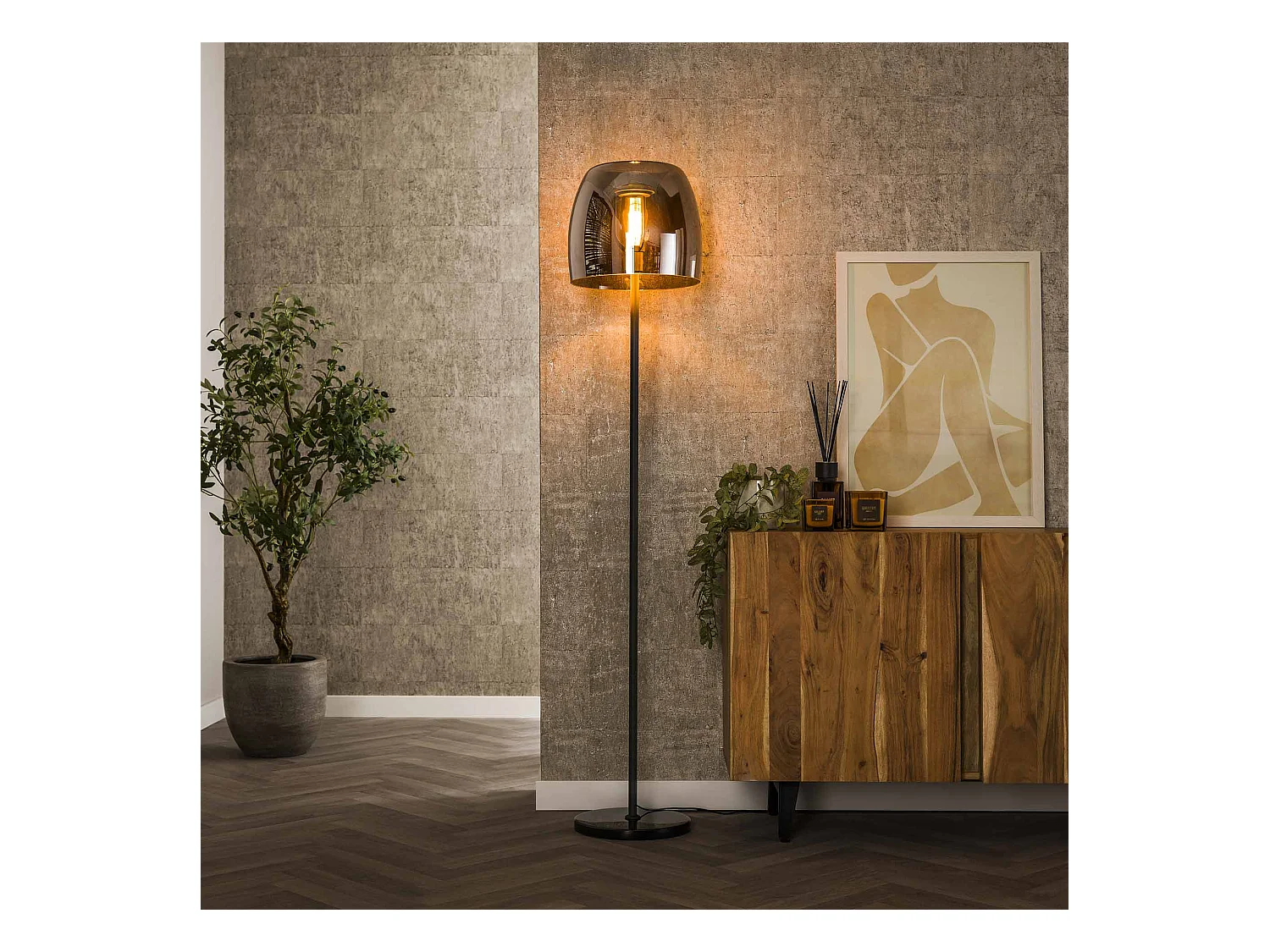 Lampadaire 1L Drift Glass - Verre gris fumé
