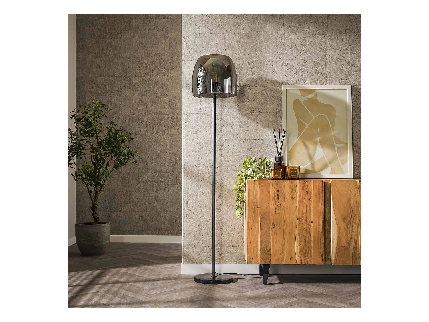 Lampadaire 1L Drift Glass - Verre gris fumé