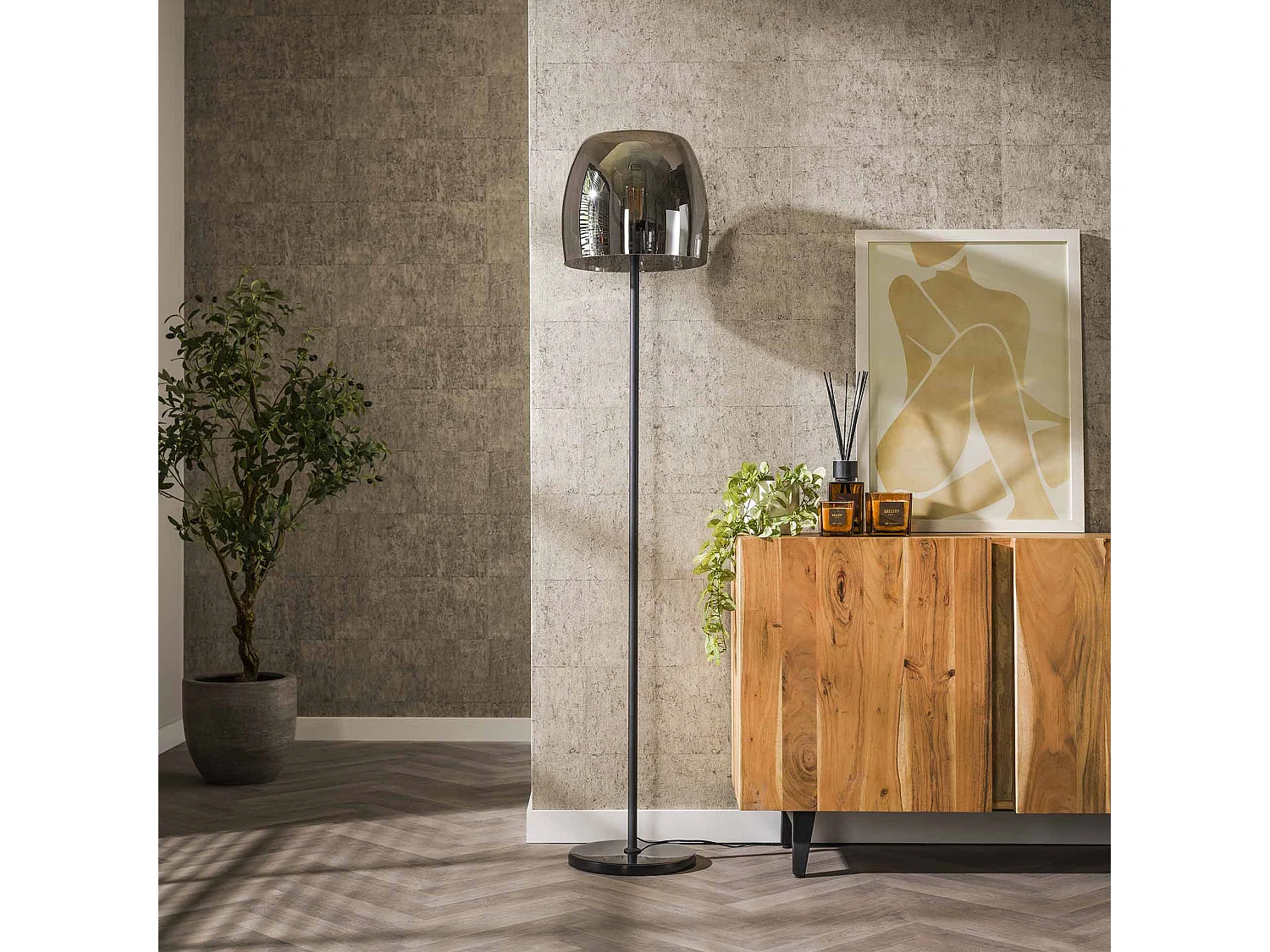 Lampadaire 1L Drift Glass - Verre gris fumé