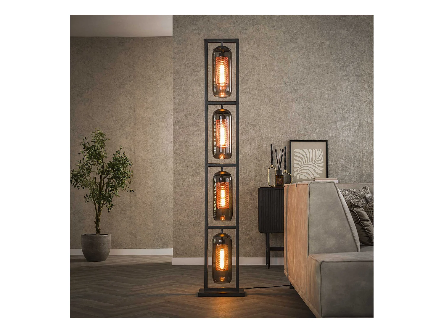 Lampadaire Tower 4L - Verre fumé - Noir arctique