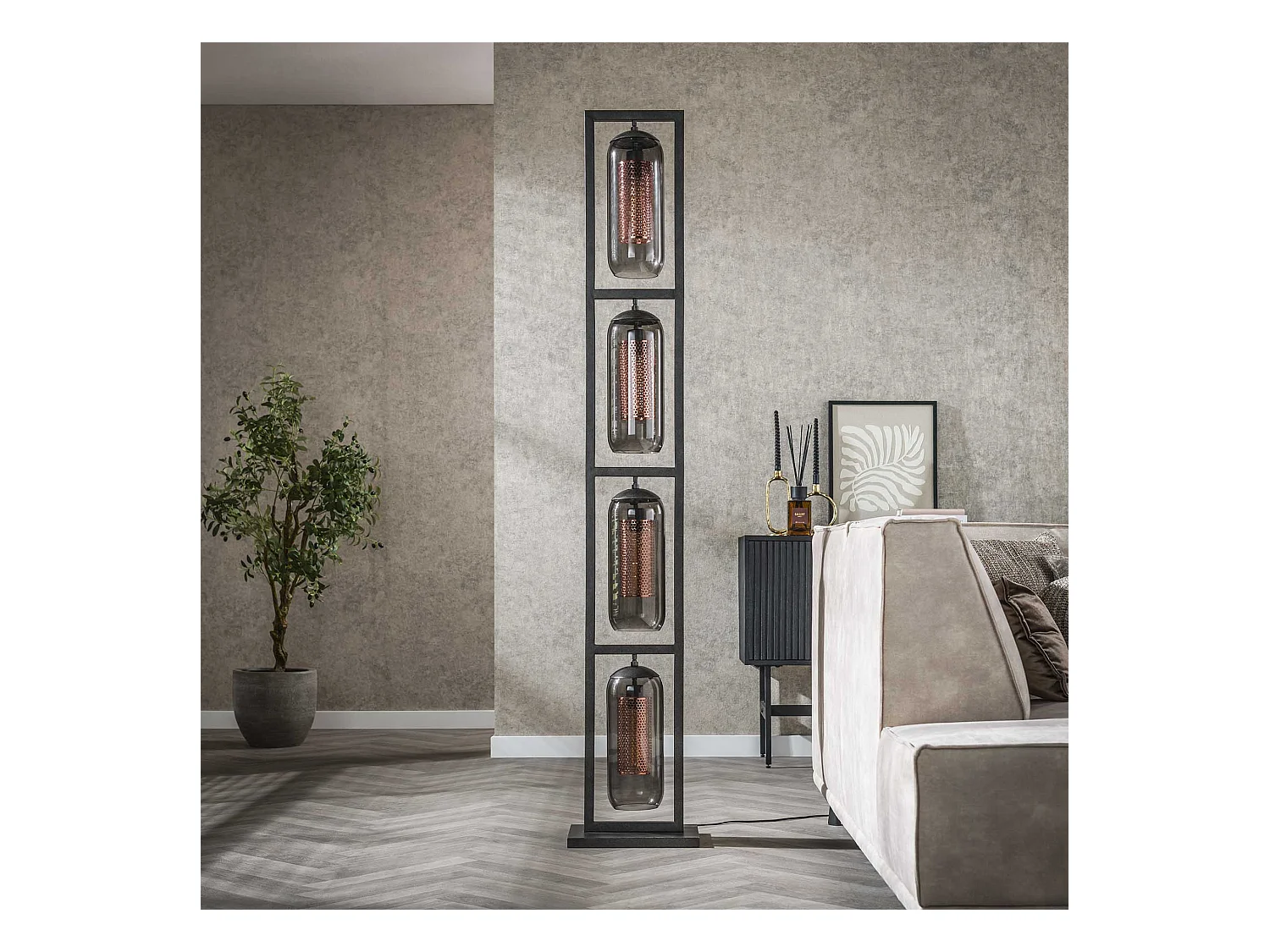 Lampadaire Tower 4L - Verre fumé - Noir arctique