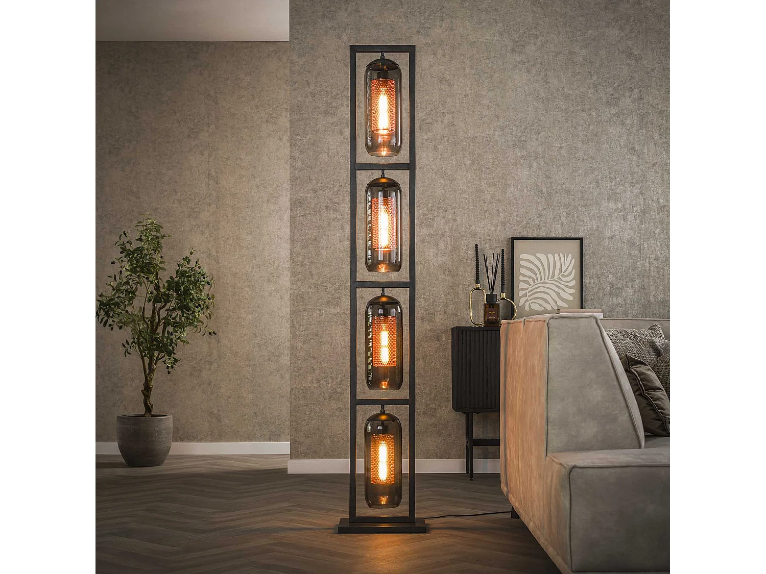 Lampadaire Tower 4L - Verre fumé - Noir arctique