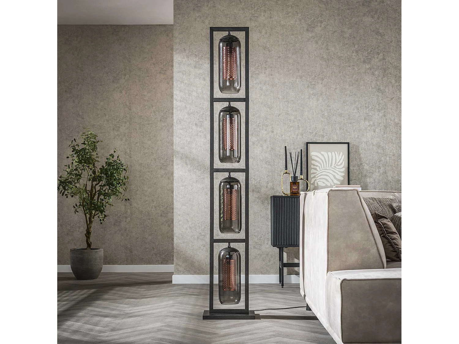 Lampadaire Tower 4L - Verre fumé - Noir arctique