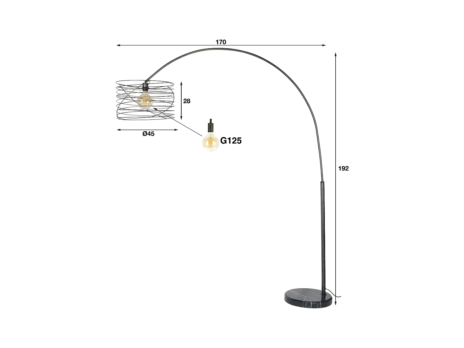 Lampe à arc industrielle - Ø45 - Spirale - Forme arc
