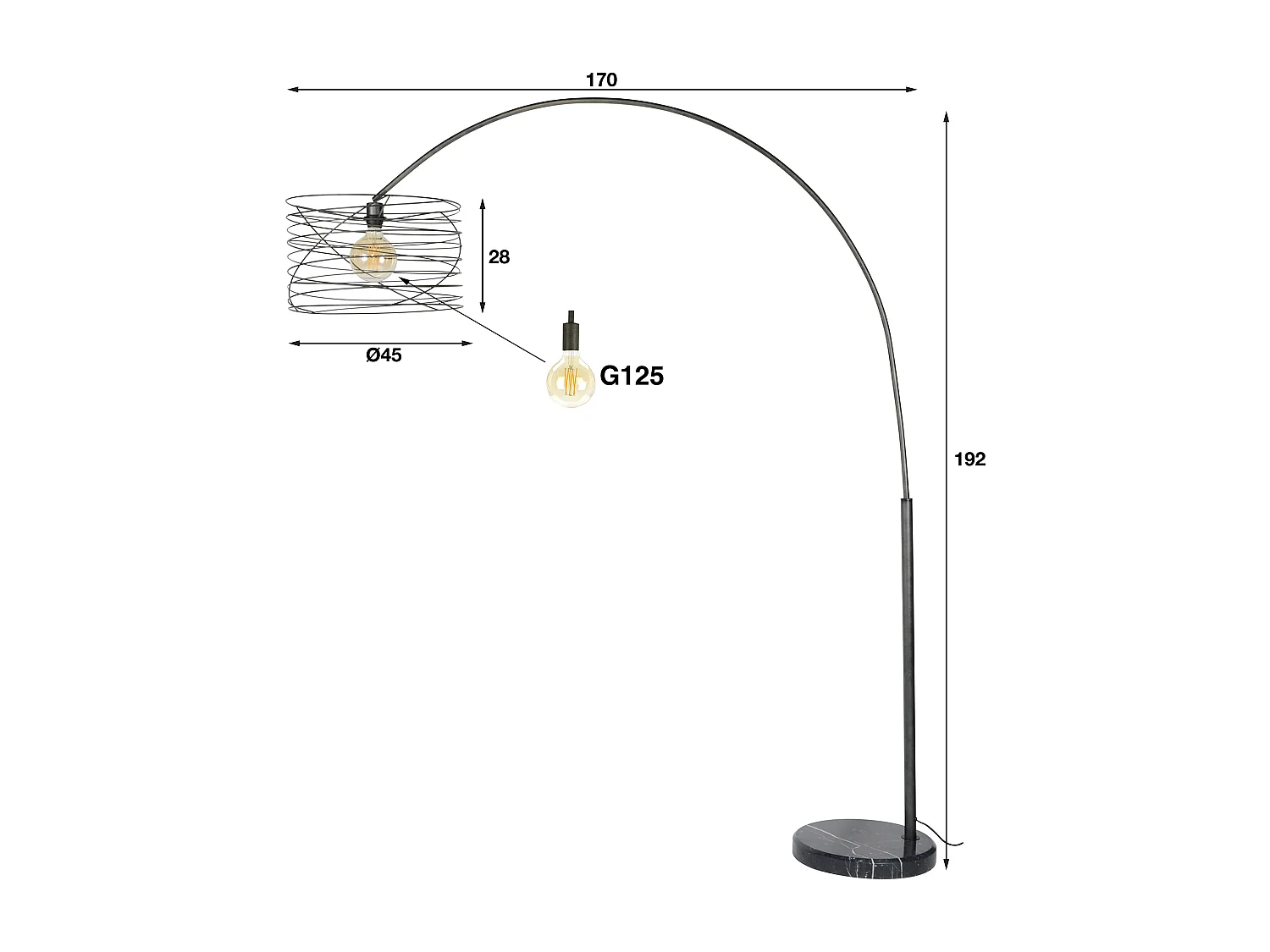 Lampe à arc industrielle - Ø45 - Spirale - Forme arc
