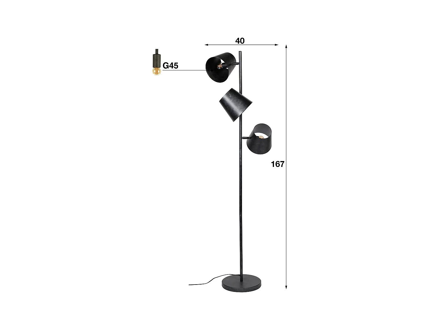 Lampadaire industriel - 3 sources lumineuses - Ø18 cinétique - Acier au charbon